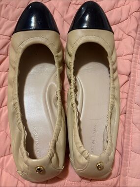 Stuart Weitzman Beige Leather Ballet Flats with Black Patent Cap Toe